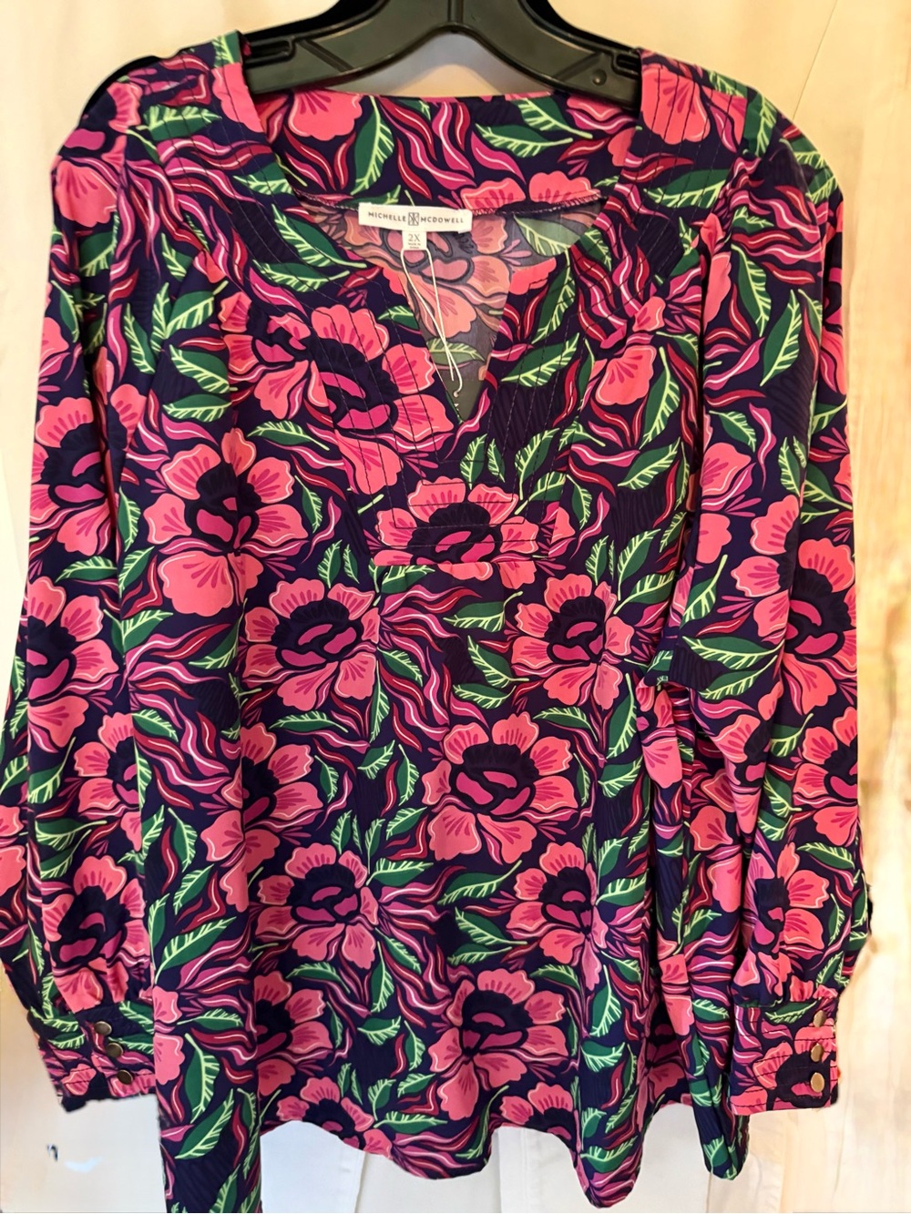 Floral V-Neck Blouse in Pink & Navy by Michelle McDowell